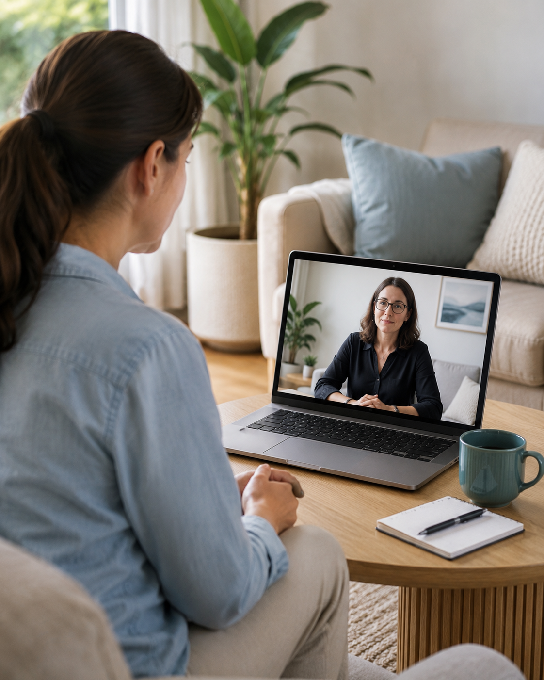 A client attending a private psychology appointment by telehealth from home