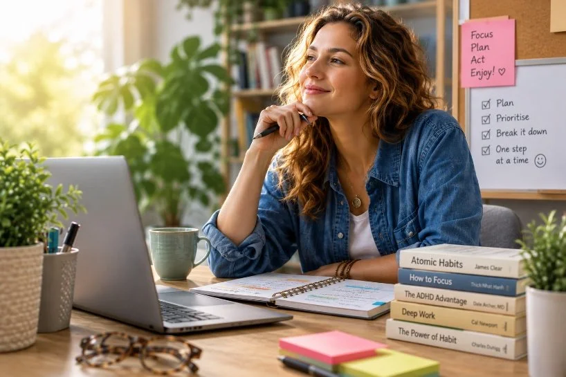 Woman using a laptop beside written planning and focus notes