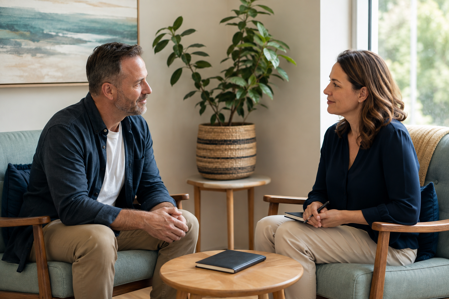 Adult speaking with a psychologist in a supportive consultation