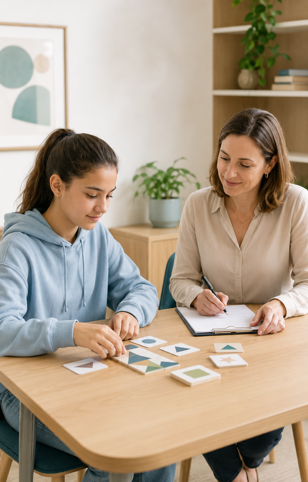A psychologist supporting a teenager during a cognitive assessment