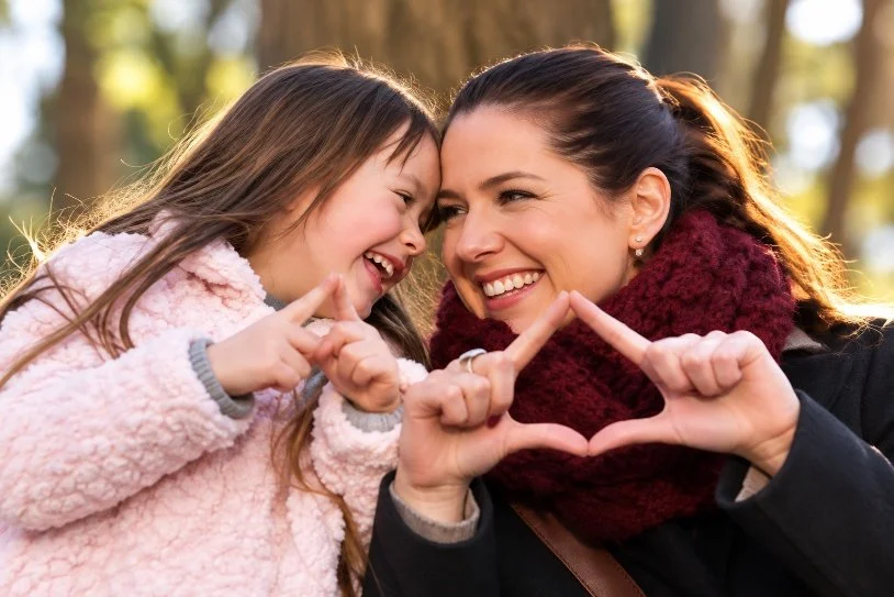 Adult and child smiling and making heart shapes with their hands