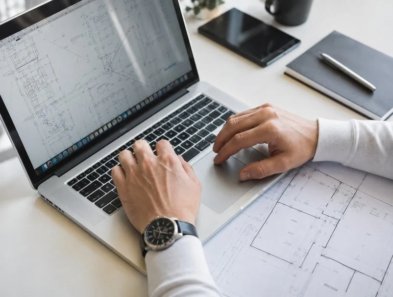 Person working on technical plans using a laptop