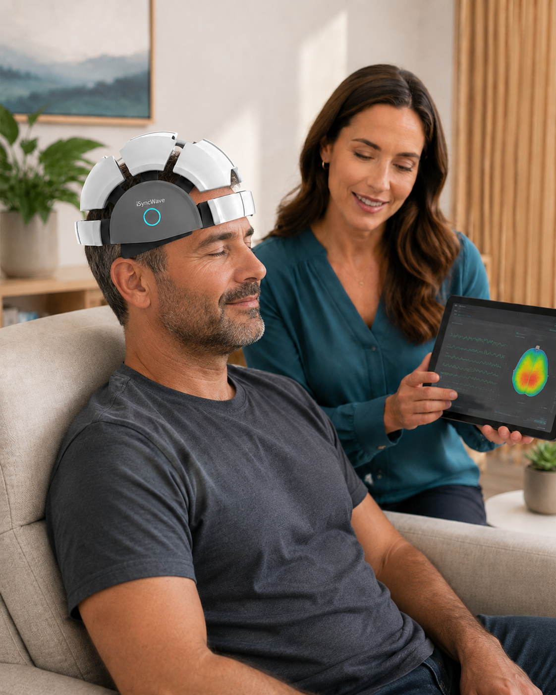 A client wearing an iSyncWave qEEG headset while a practitioner reviews brain mapping information