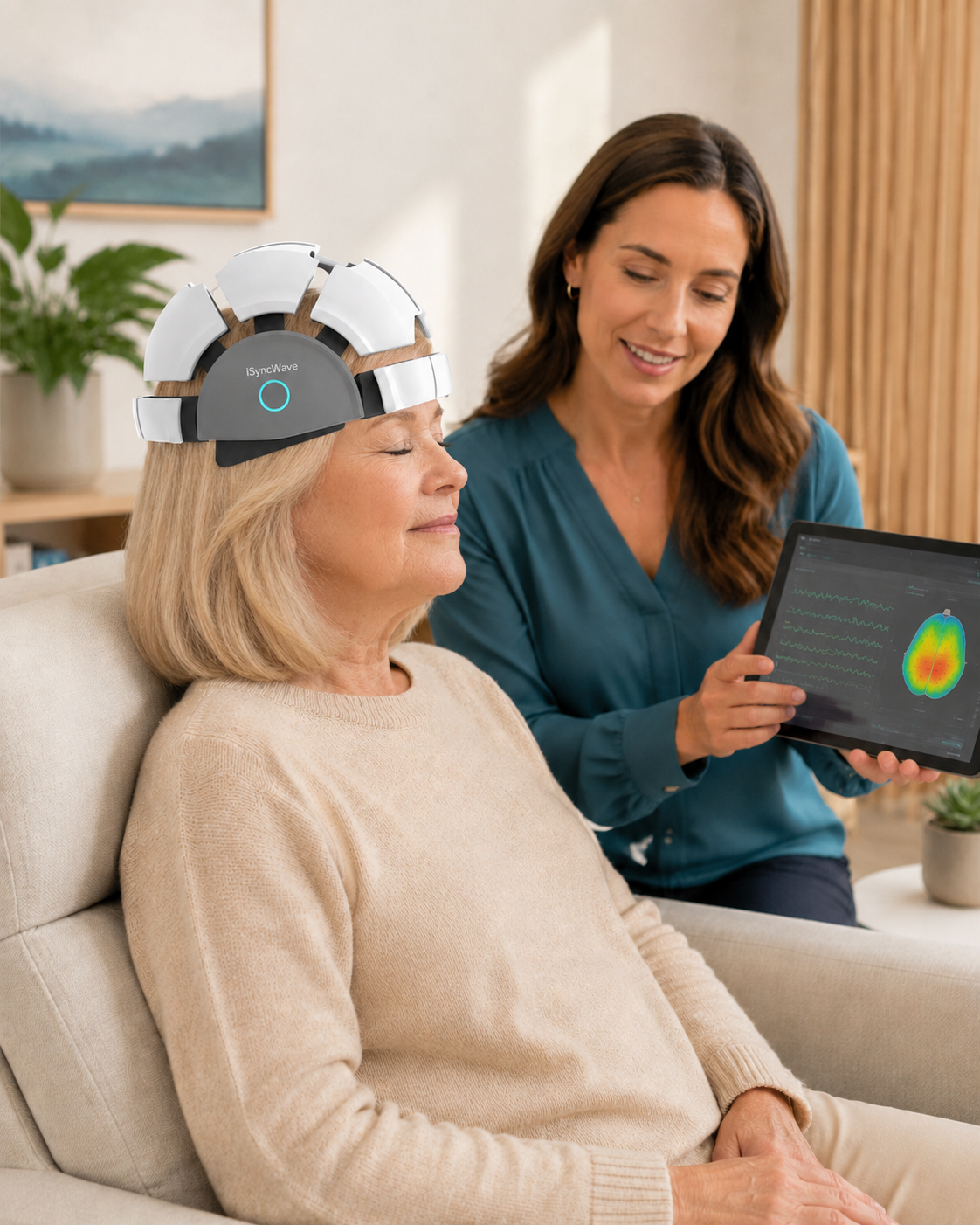 A client wearing an iSyncWave qEEG headset while a practitioner reviews brain mapping information