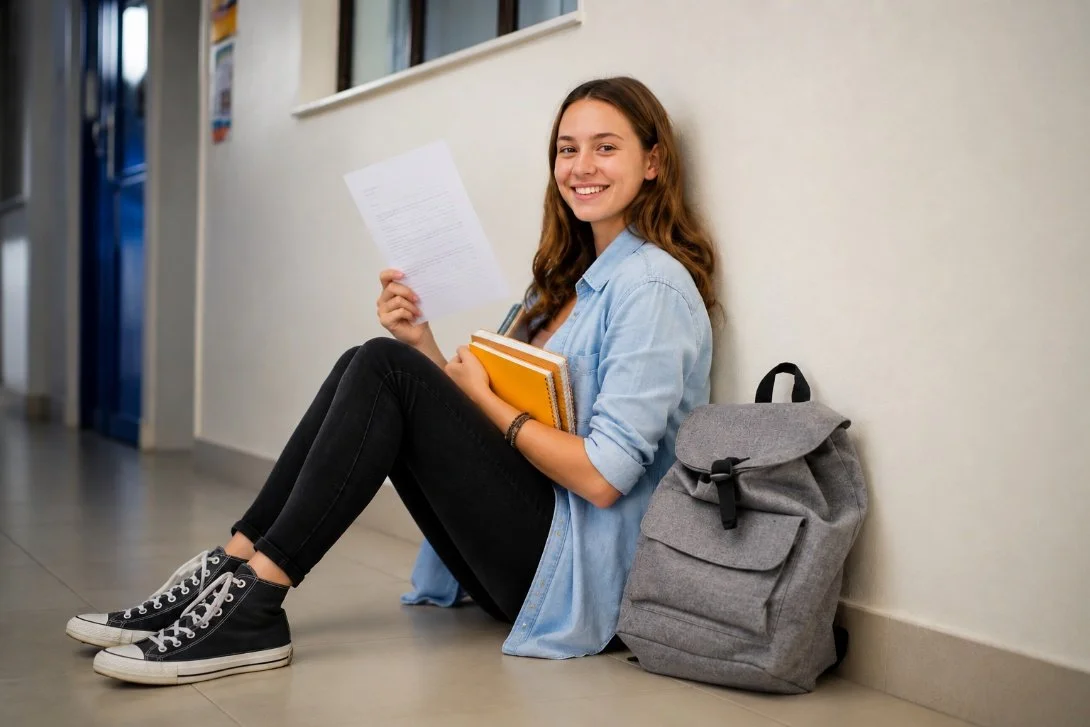Student seated in a school hallway with books and a backpack
