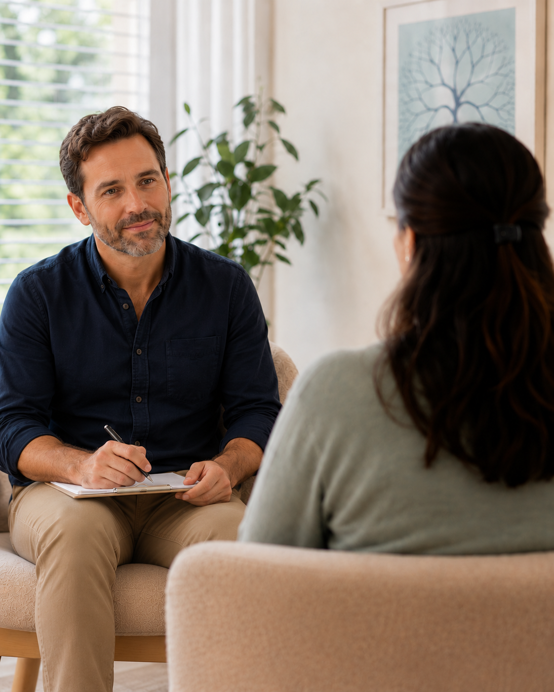 A clinician having a supportive conversation with a client