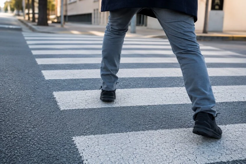 Person walking across a marked pedestrian crossing