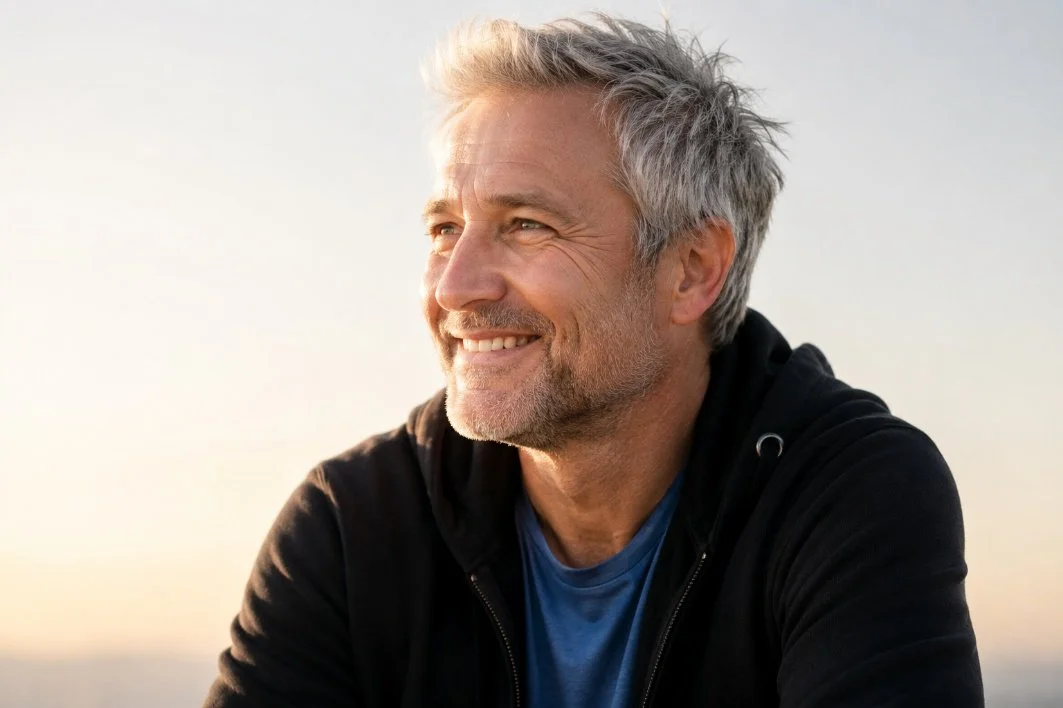 Man smiling outdoors in soft natural light