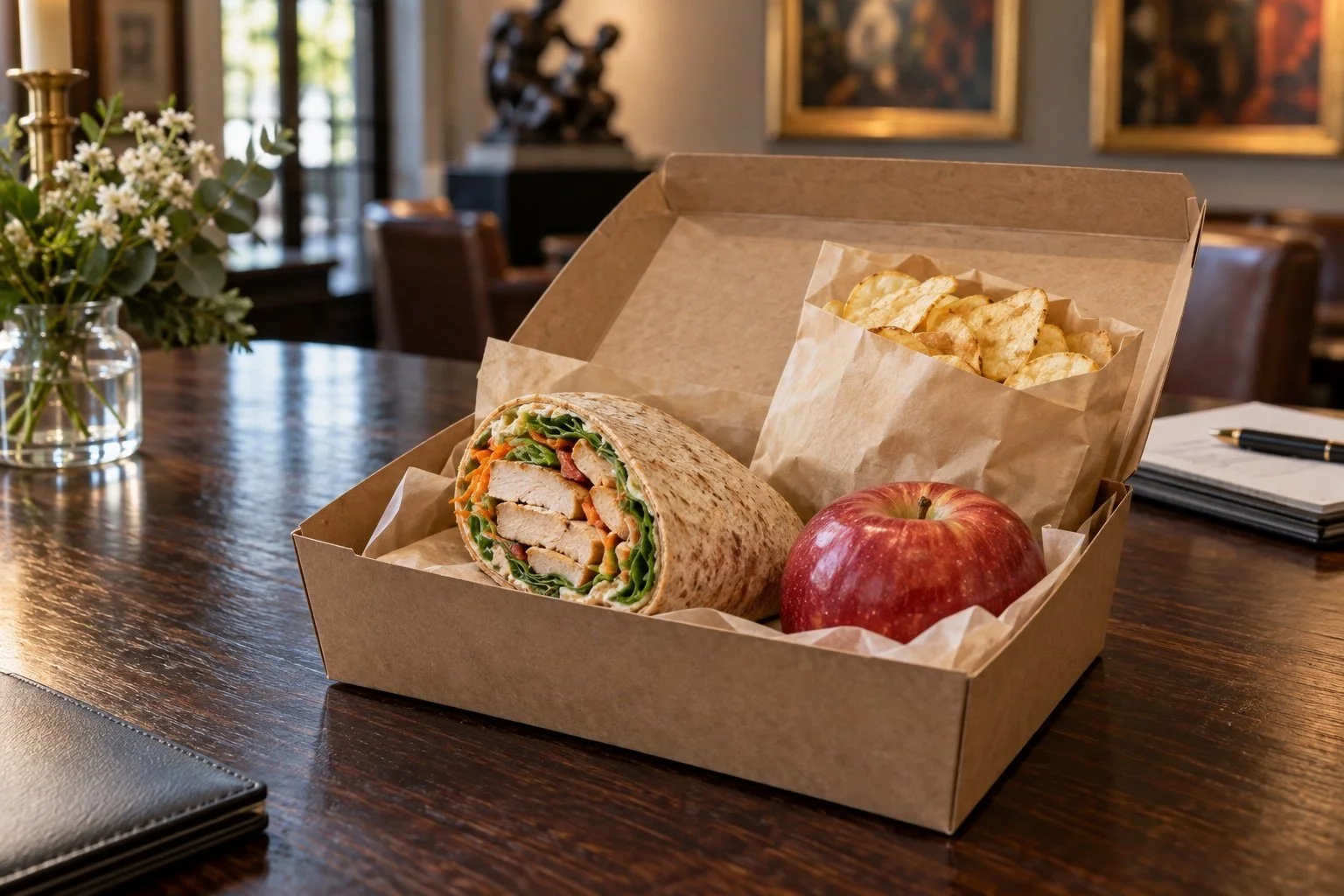 A boxed lunch with a fresh wrap, chips, and an apple