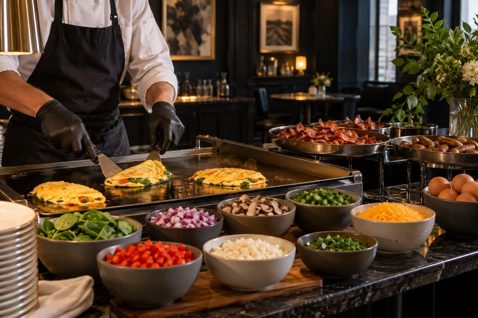 An attended omelette station with vegetables, cheese, bacon, and sausage