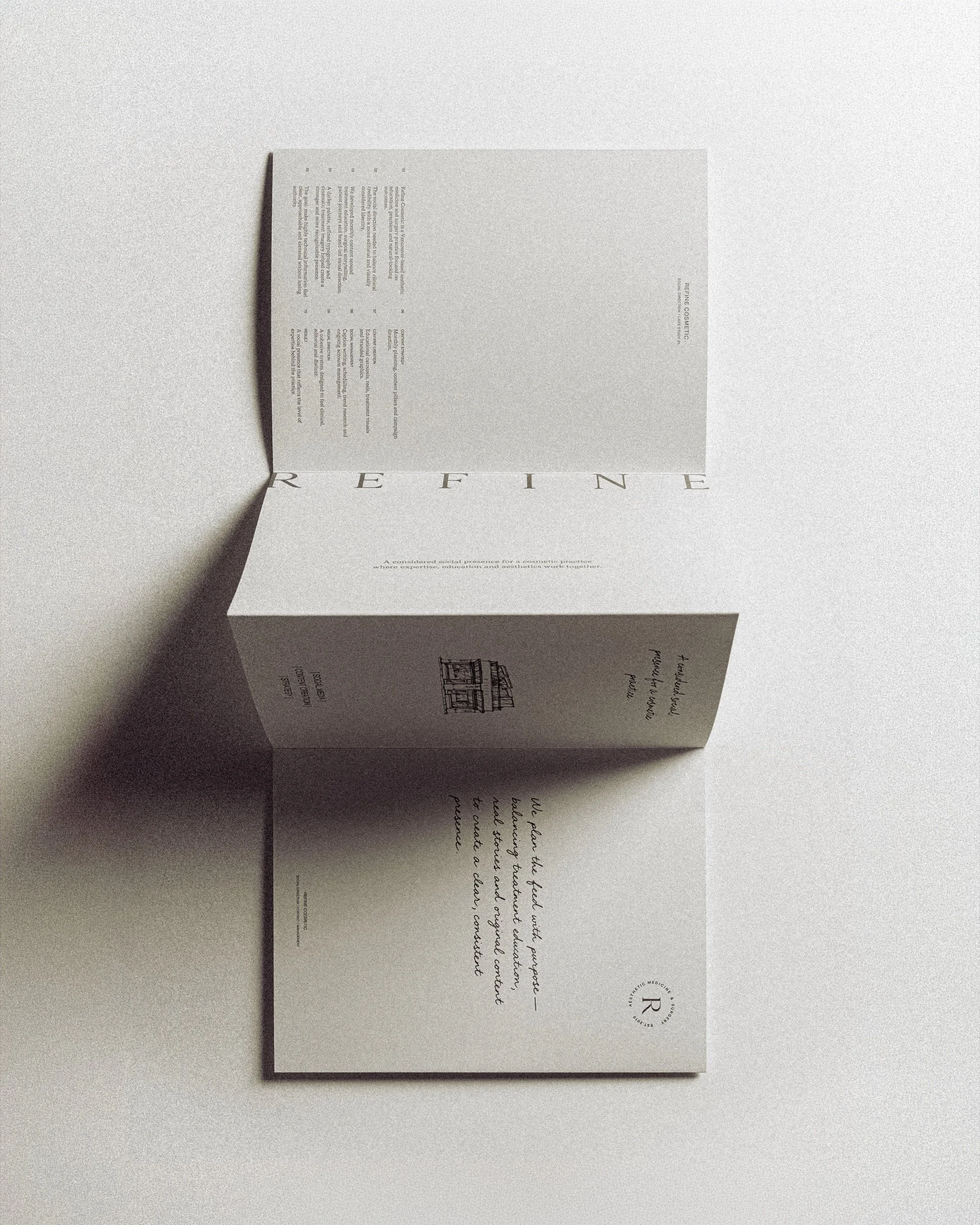 Refine Cosmetic editorial case-study mockup with folded paper, wordmark and storefront illustration