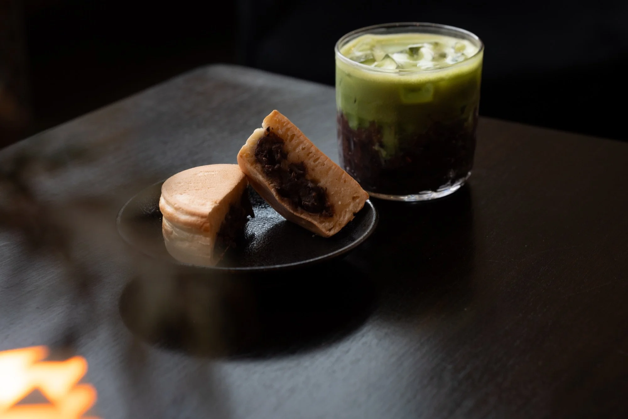 Matcha and red bean dessert photographed at Hush Coffee