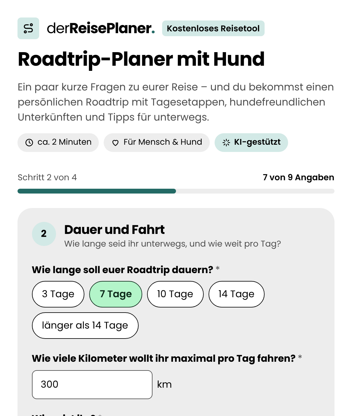 Vorschau: Formular des Roadtrip-Planers mit Reisedauer und Tageslimit