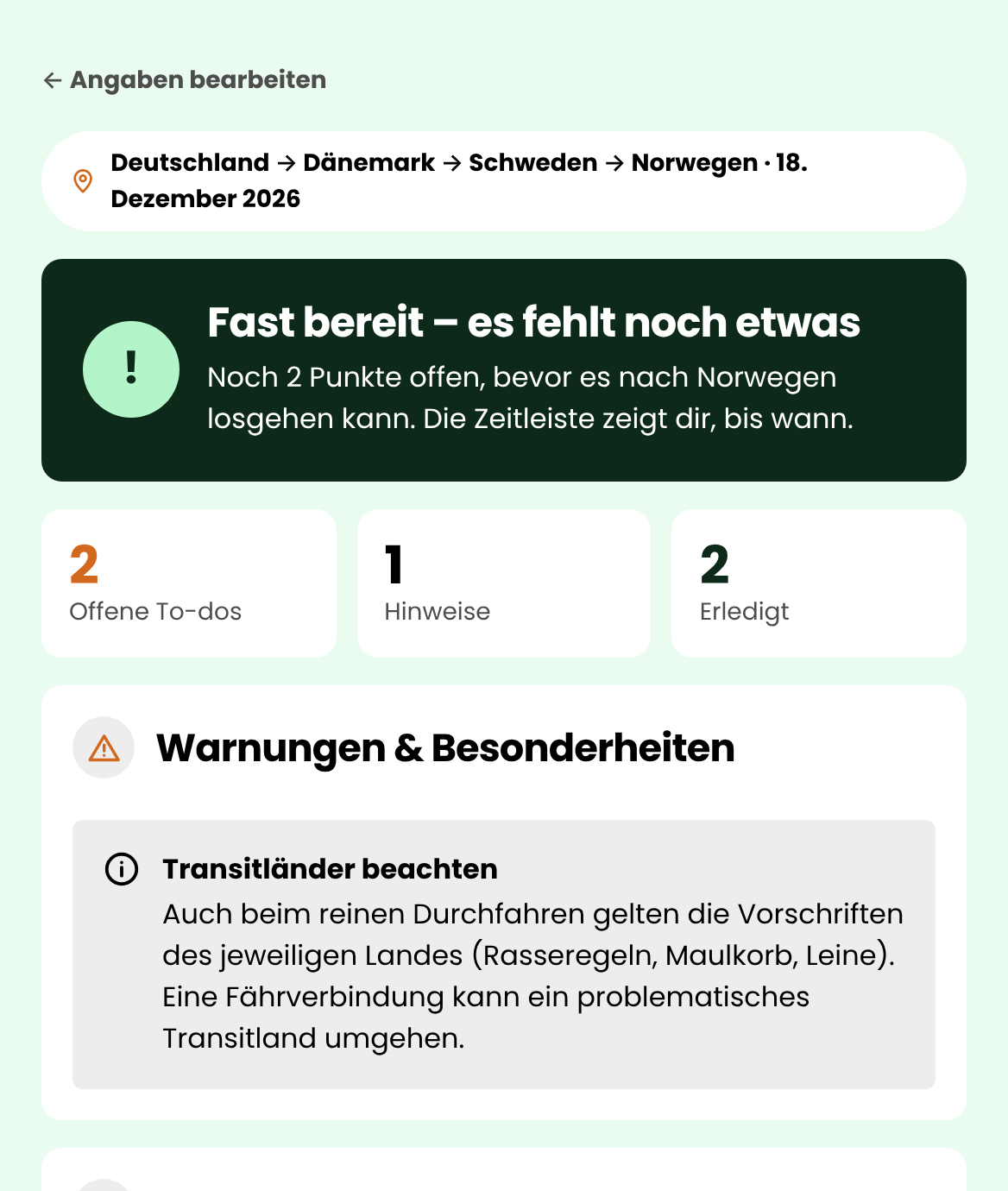 Vorschau: Ergebnis des Einreise-Checks mit Zeitleiste und Fristen