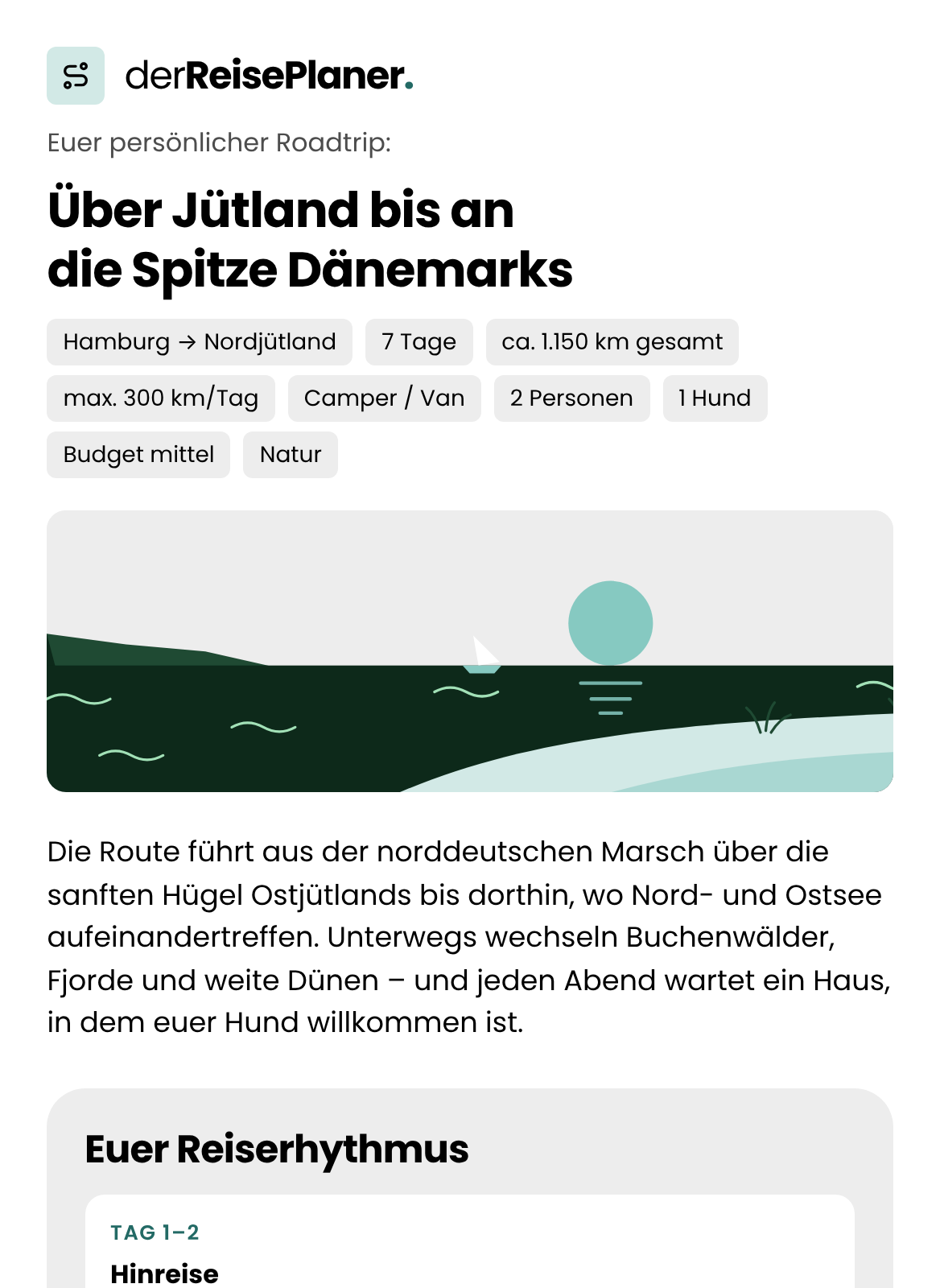 Vorschau: fertiger Roadtrip-Plan mit Reiserhythmus und Route