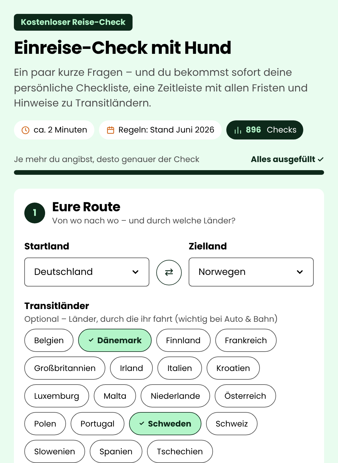 Vorschau: Formular des Einreise-Checks mit Route und Angaben zum Hund
