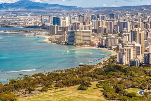 Waikiki coastline and Honolulu skyline on Oahu.