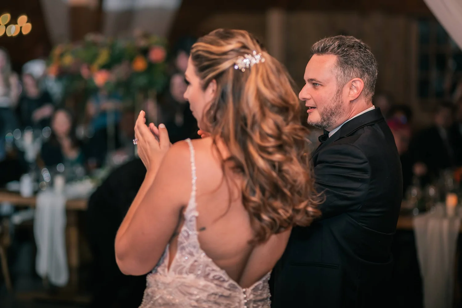 Charissa and Andrew sharing their first dance inside the Windham Manor Barn