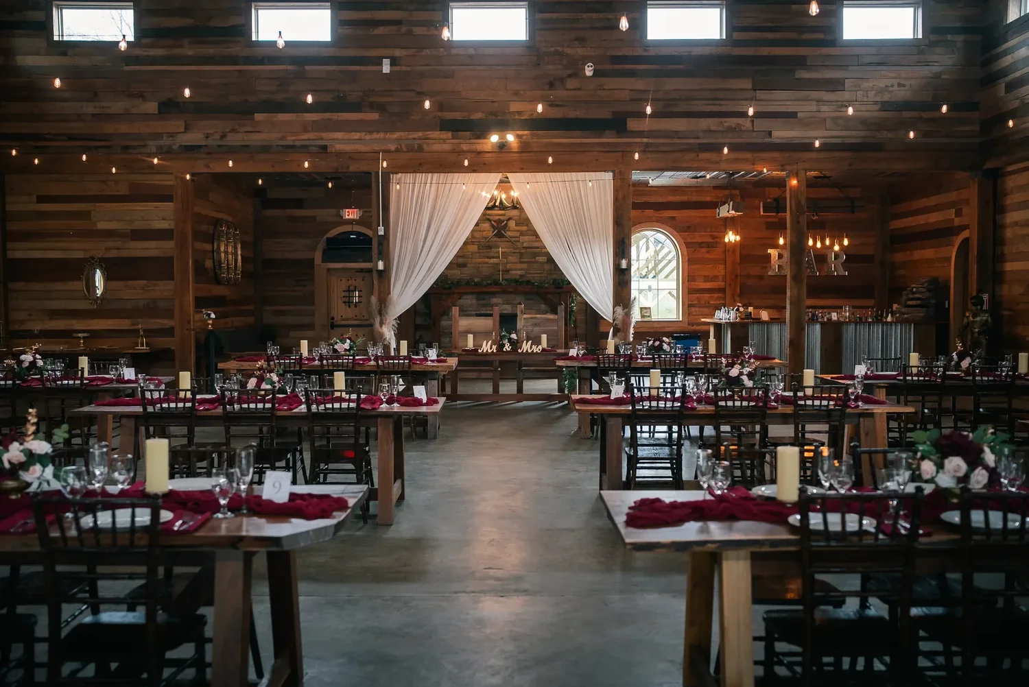 Wide view of the decorated reception hall at Stoney Creek Castle