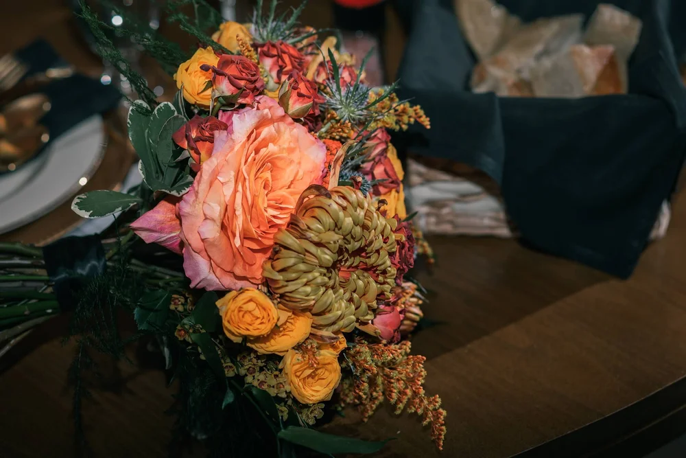 Charissa's fall wedding bouquet in warm Catskills sunset light