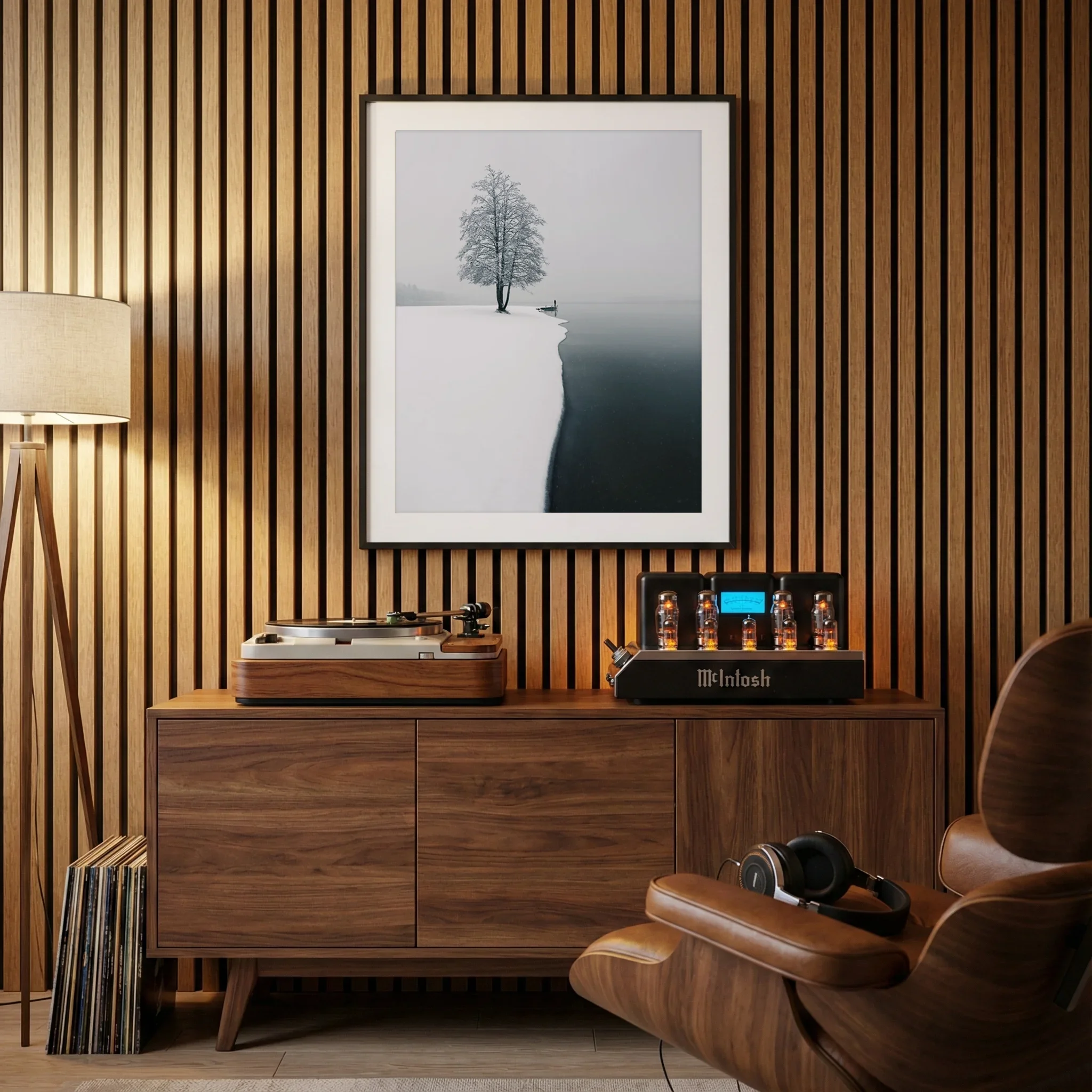 Minimalist Nordic landscape print in a calm interior setting