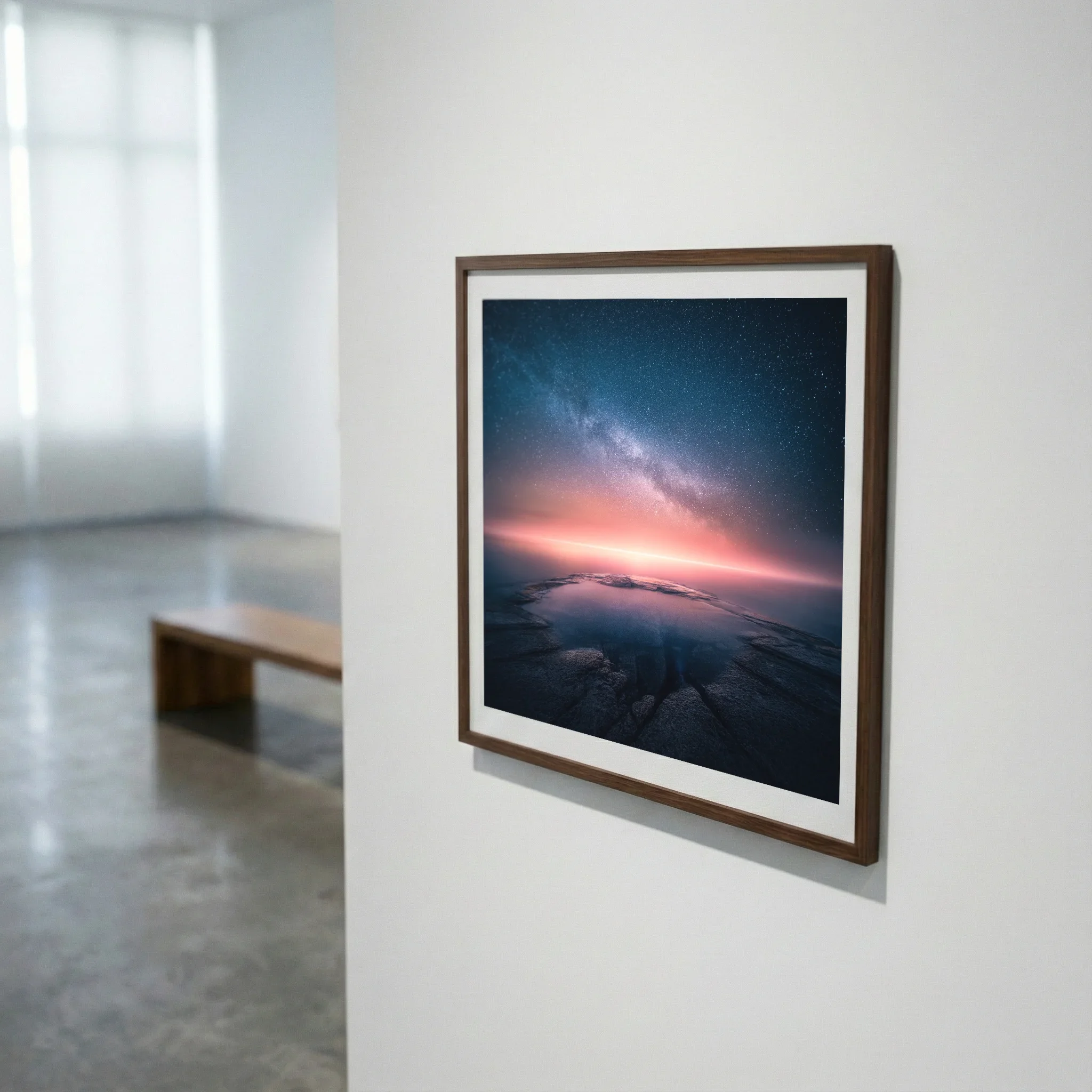 Side view of a framed fine art print showing zero reflections with museum glass