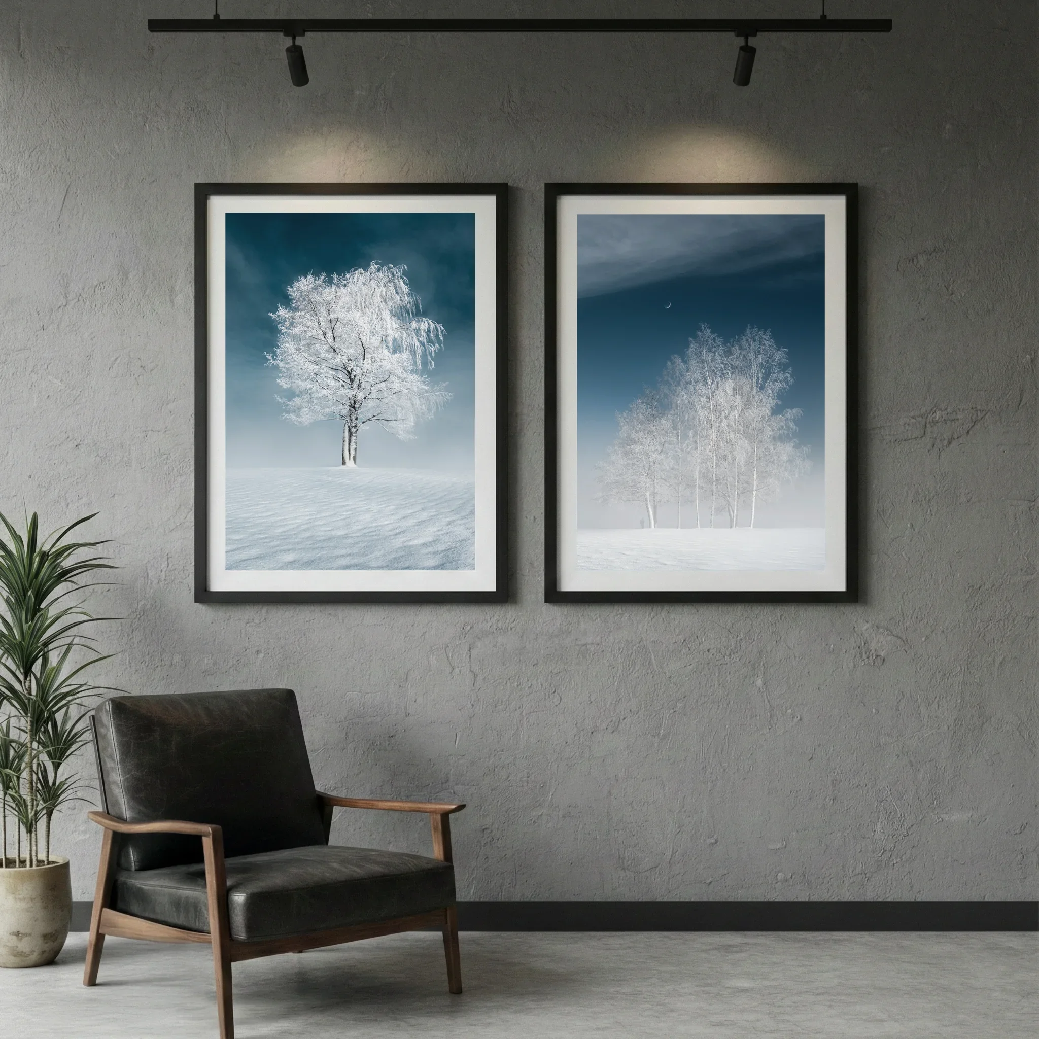 A cohesive collection of atmospheric prints demonstrating visual consistency in a professional environment