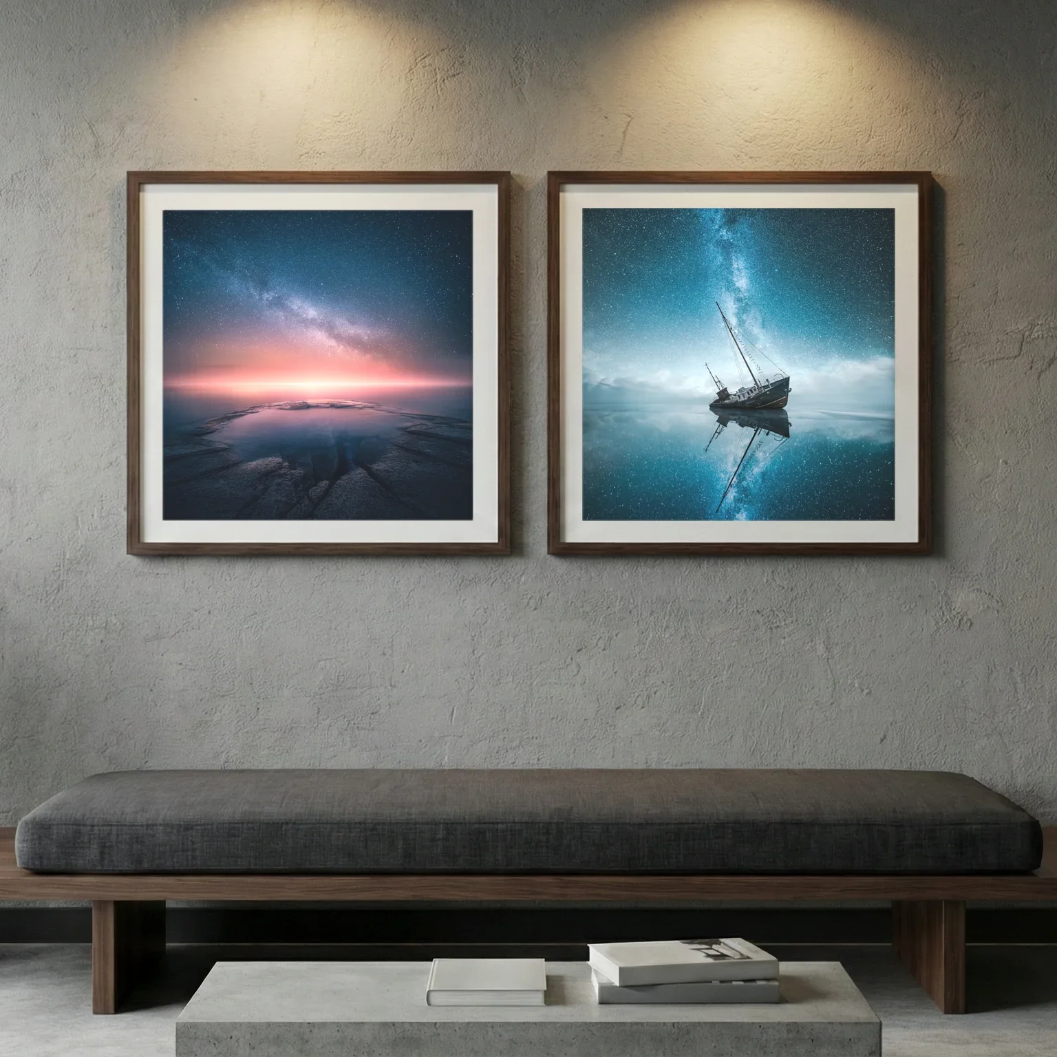A curated collection of atmospheric prints on a gallery wall