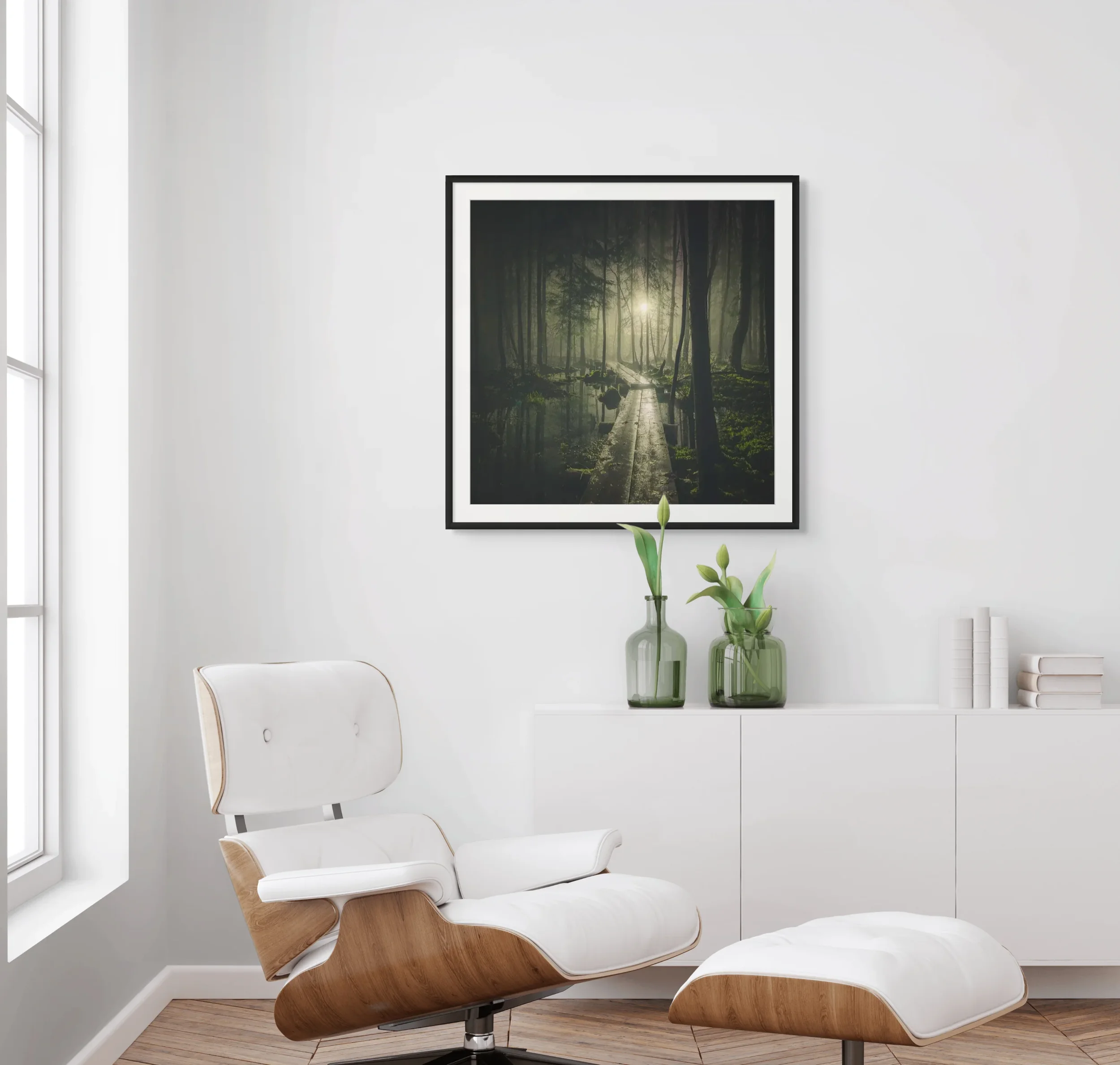 Atmospheric photography integrated into a minimalist workspace