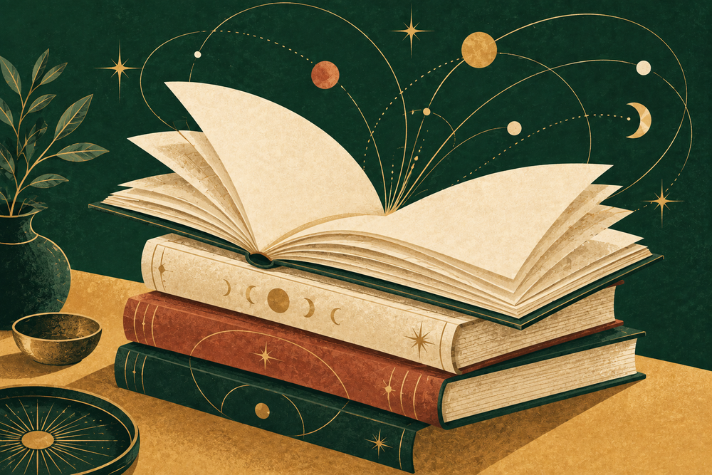 Et astrologisk bibliotek i dybe grønne og gyldne nuancer.
