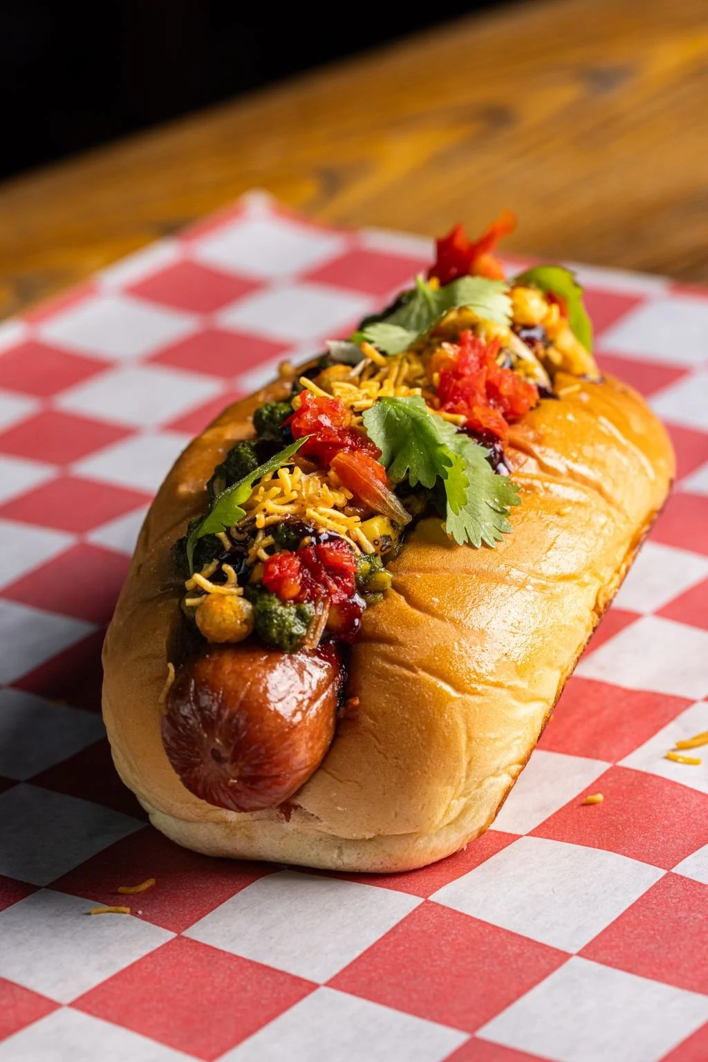 A Chaat Dog and a glass of beer on a checkered wrapper at Time Out Market