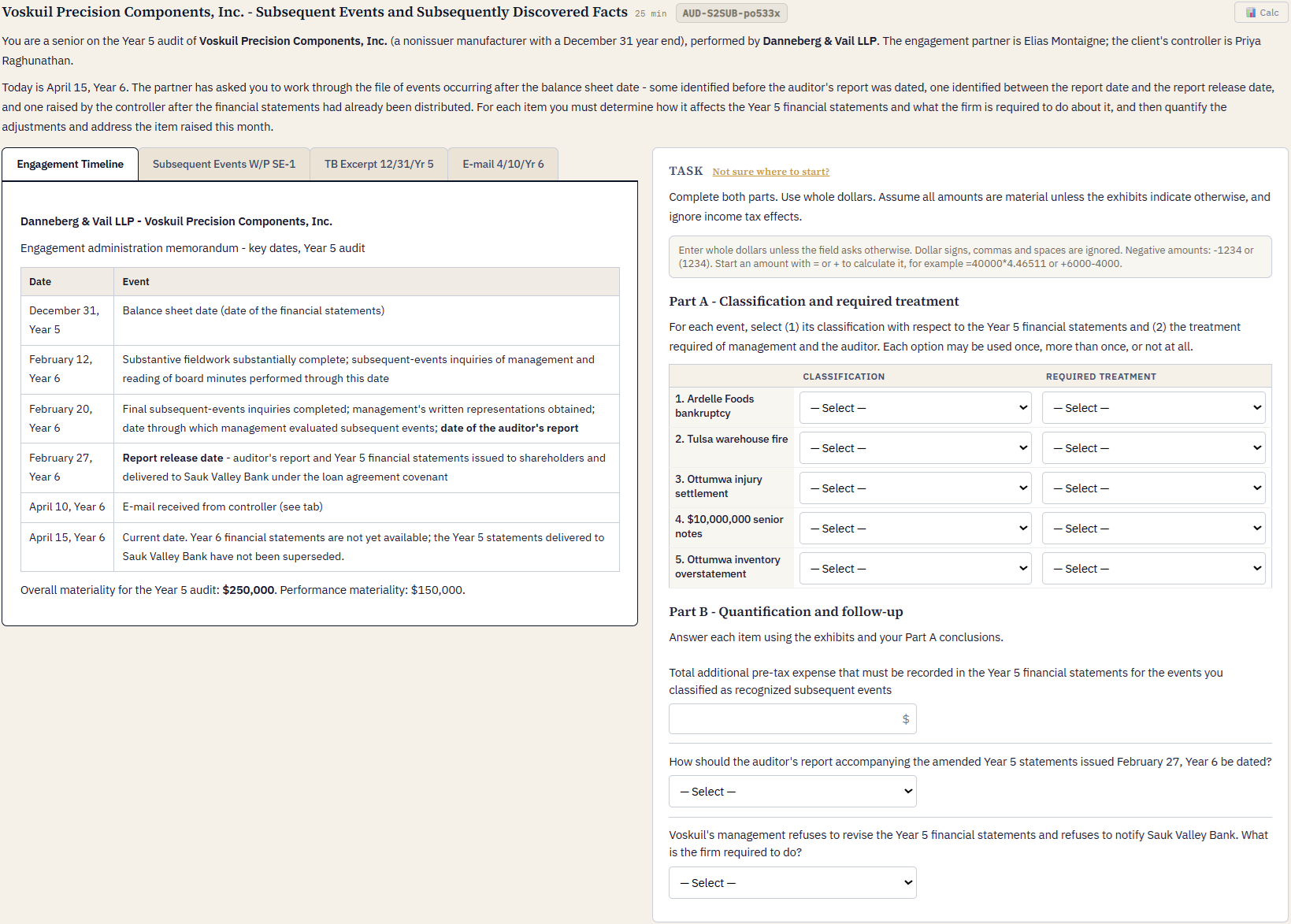 A task-based simulation before answering: the exhibits and blank answer fields