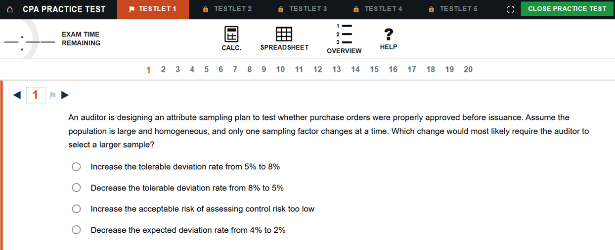 The same question in Exam Day Mode: the real exam's testlet tabs, toolbar, and timer