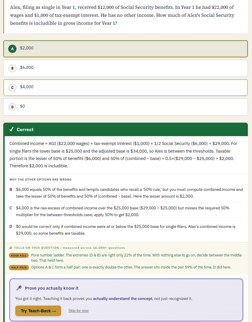 ChatCPA question after answering: options, explanation, tell badges, and teach-back