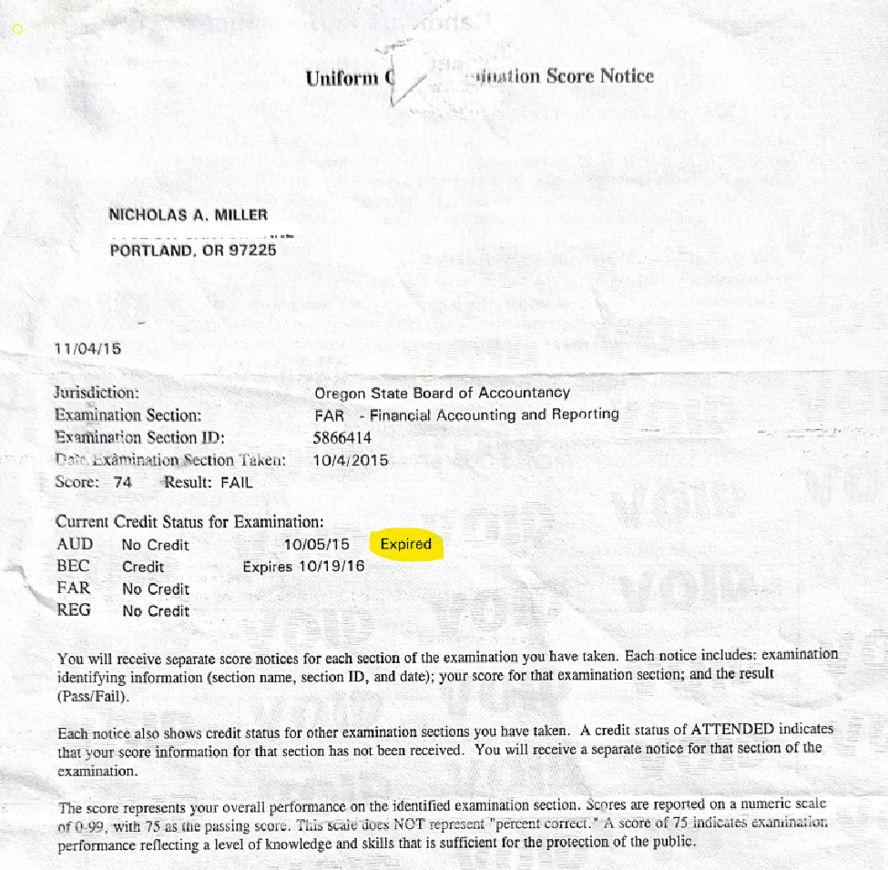 My FAR fail notice with the AUD credit line highlighted: Expired