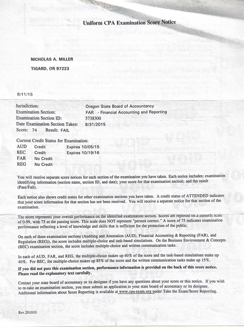 Oregon Board score notice: FAR 74, fail, August 2015