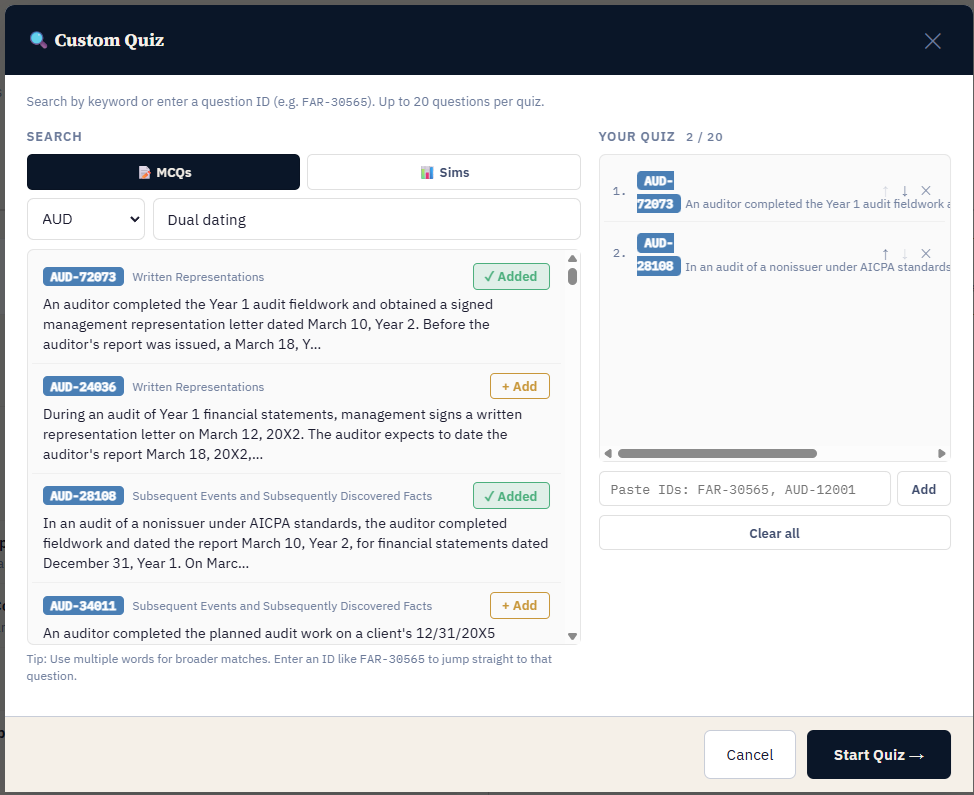 The custom quiz builder: searching the AUD bank for dual dating, with matching questions listed by ID and topic and two of them added to a twenty-question set