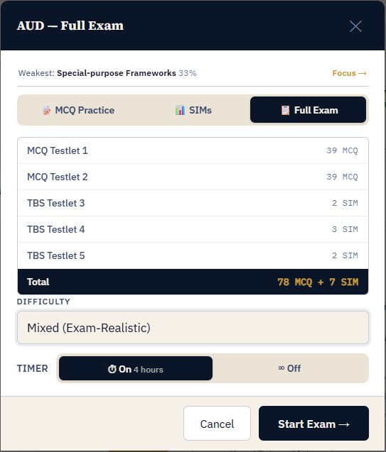 The exam setup panel: choosing section, difficulty, topic and timing