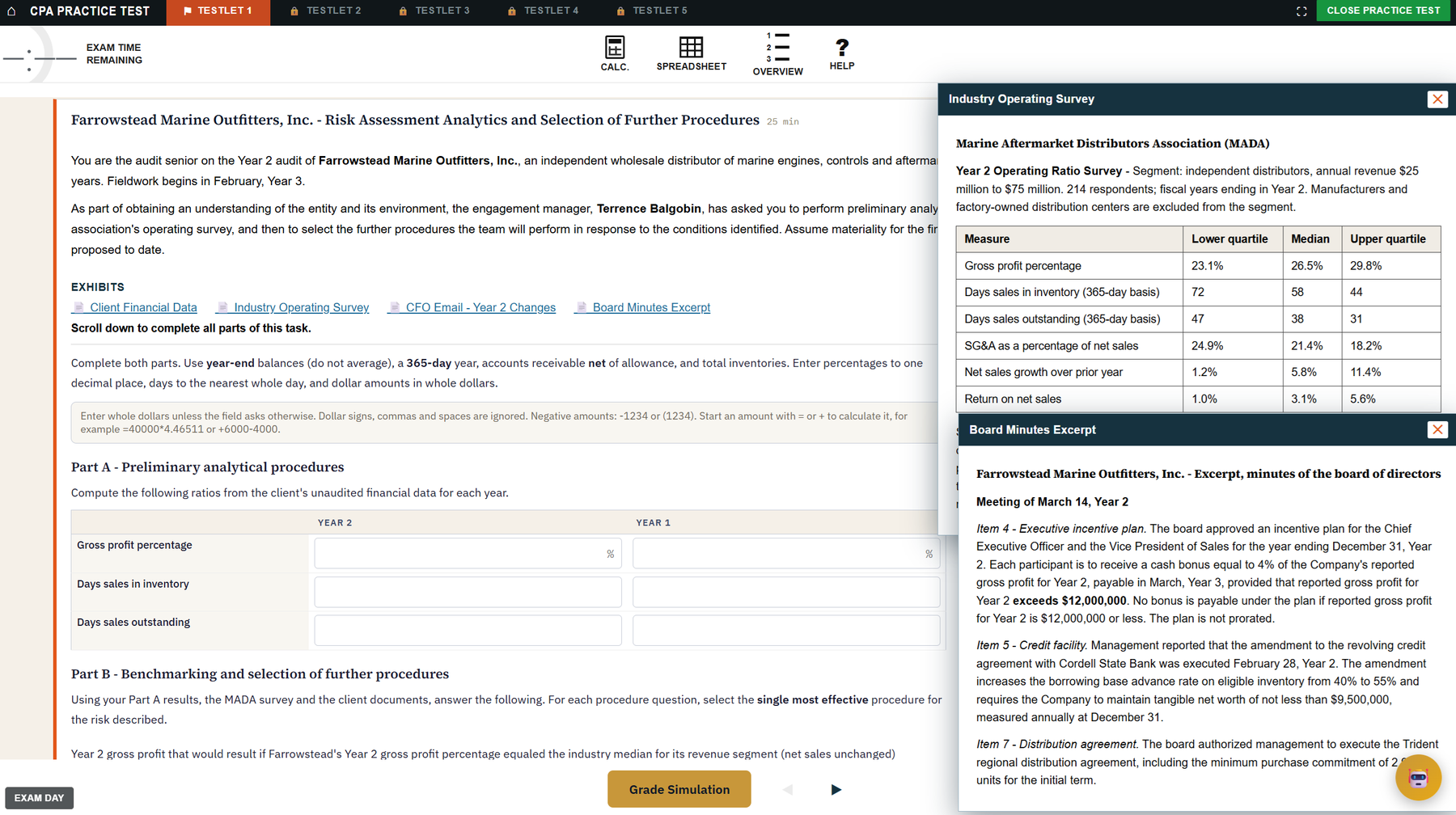 A task-based simulation in Exam Day Mode: the task and its entry fields underneath two exhibit windows opened at once, an industry operating survey and a board minutes excerpt