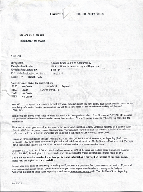 Oregon Board score notice: FAR 74, fail, October 2015
