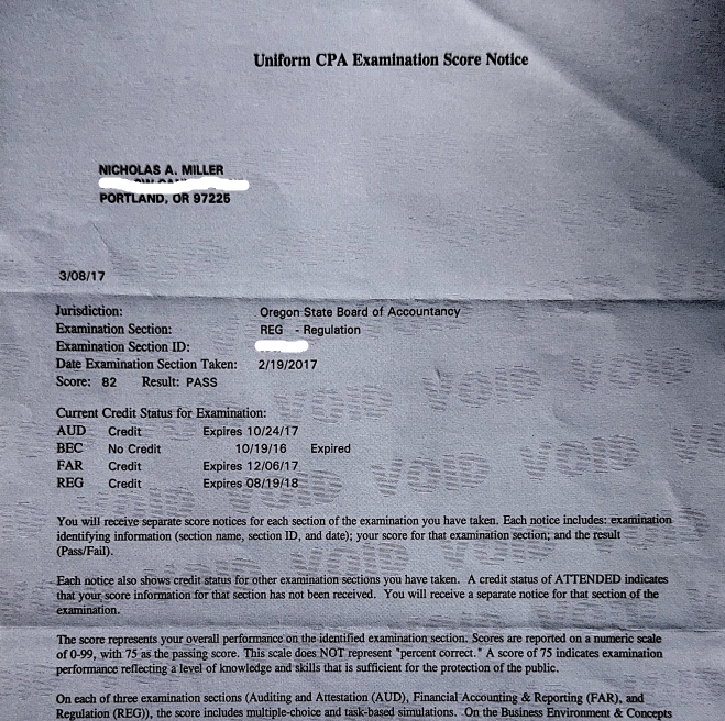 My third REG score notice: 82, pass