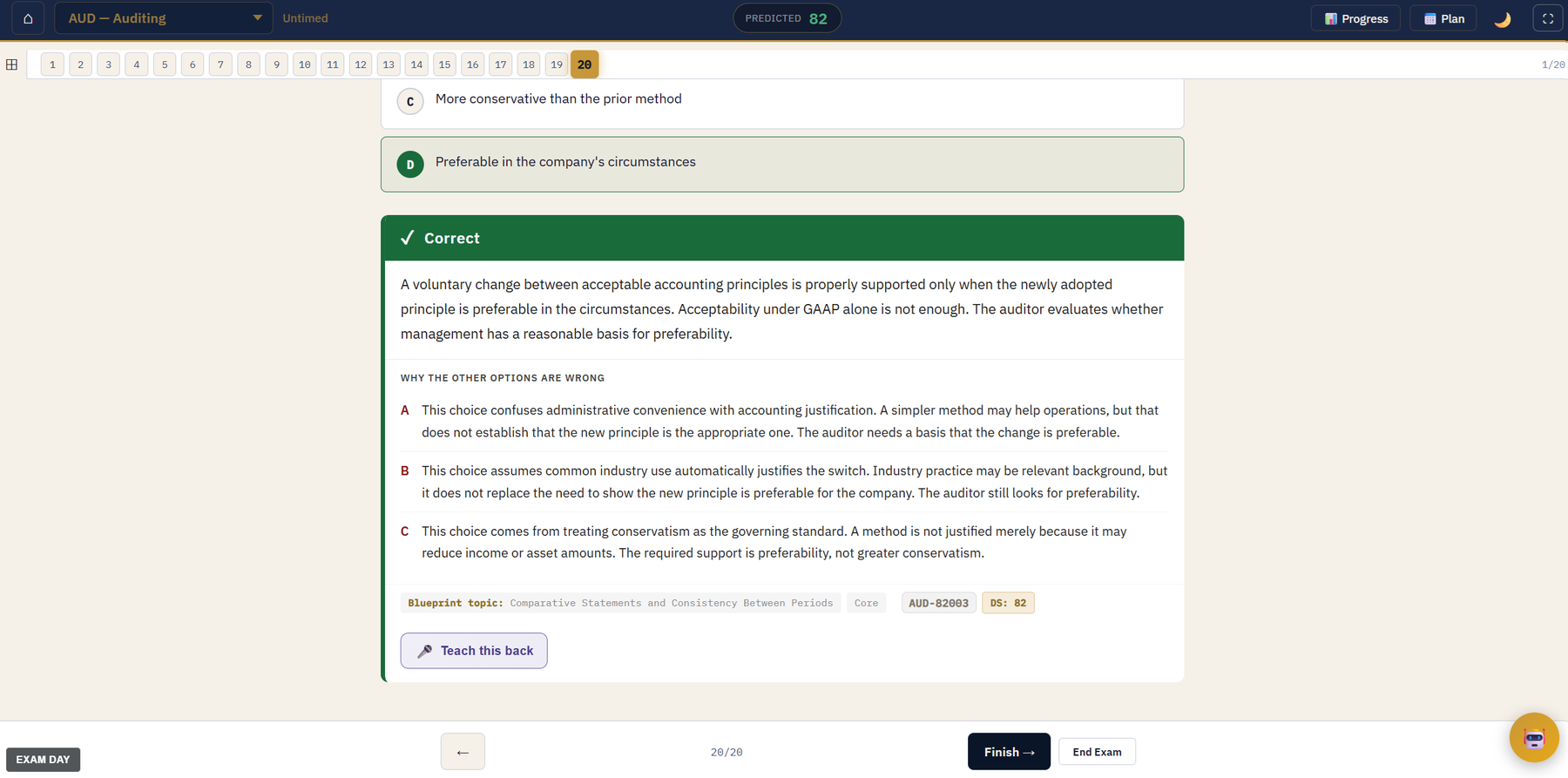 A ChatCPA multiple-choice question after answering: the explanation screen with a written rationale under every option