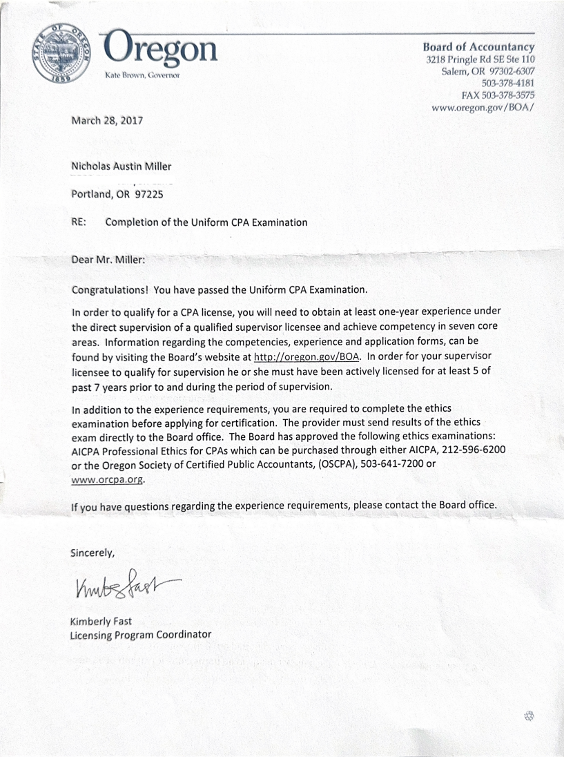Oregon Board of Accountancy letter: Congratulations, you have passed the Uniform CPA Examination, March 28 2017