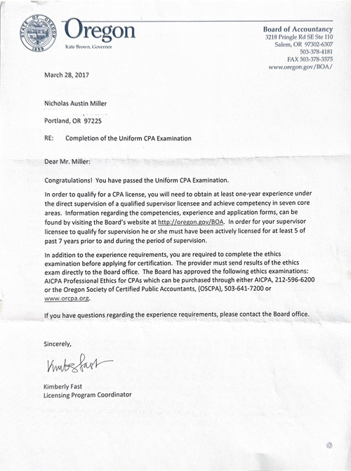 Oregon Board letter: passed the Uniform CPA Examination, March 2017