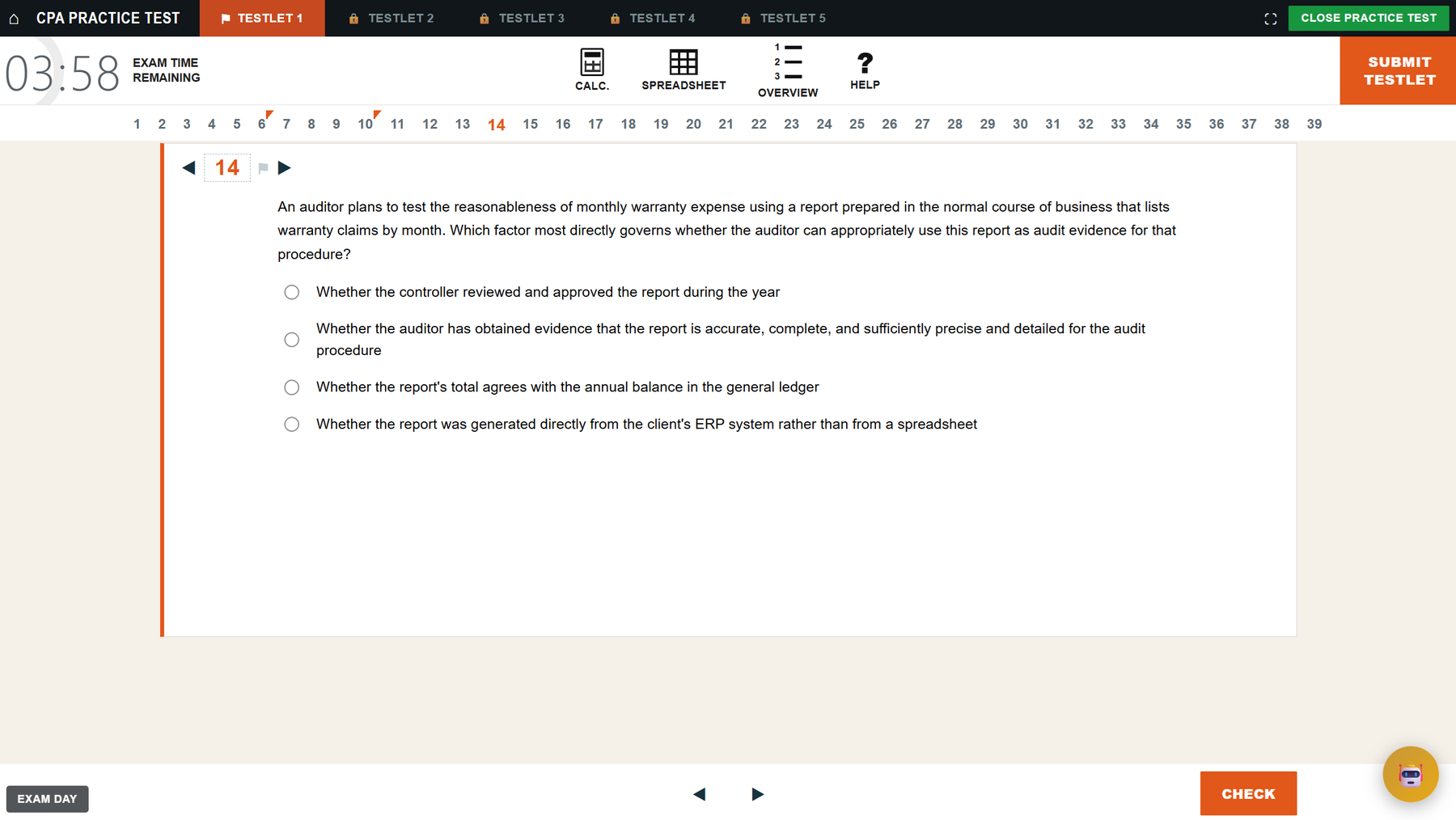 ChatCPA Exam Day Mode mid-exam: five testlet tabs, exam clock, calculator and spreadsheet tools, question navigator with flags
