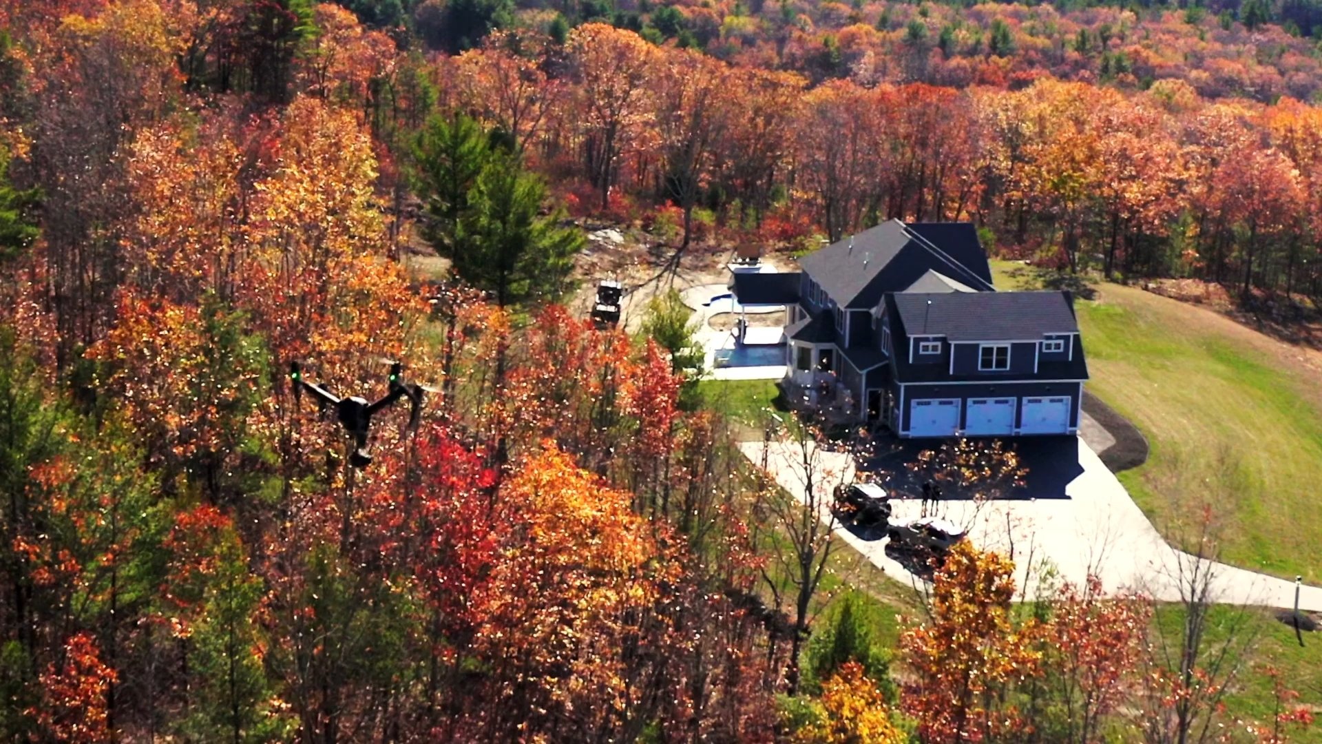 grey house in foliage