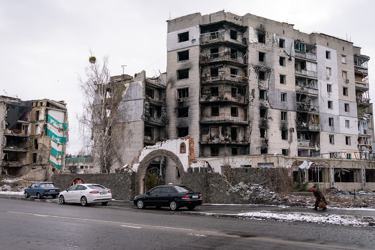 War-damaged residential building in Ukraine