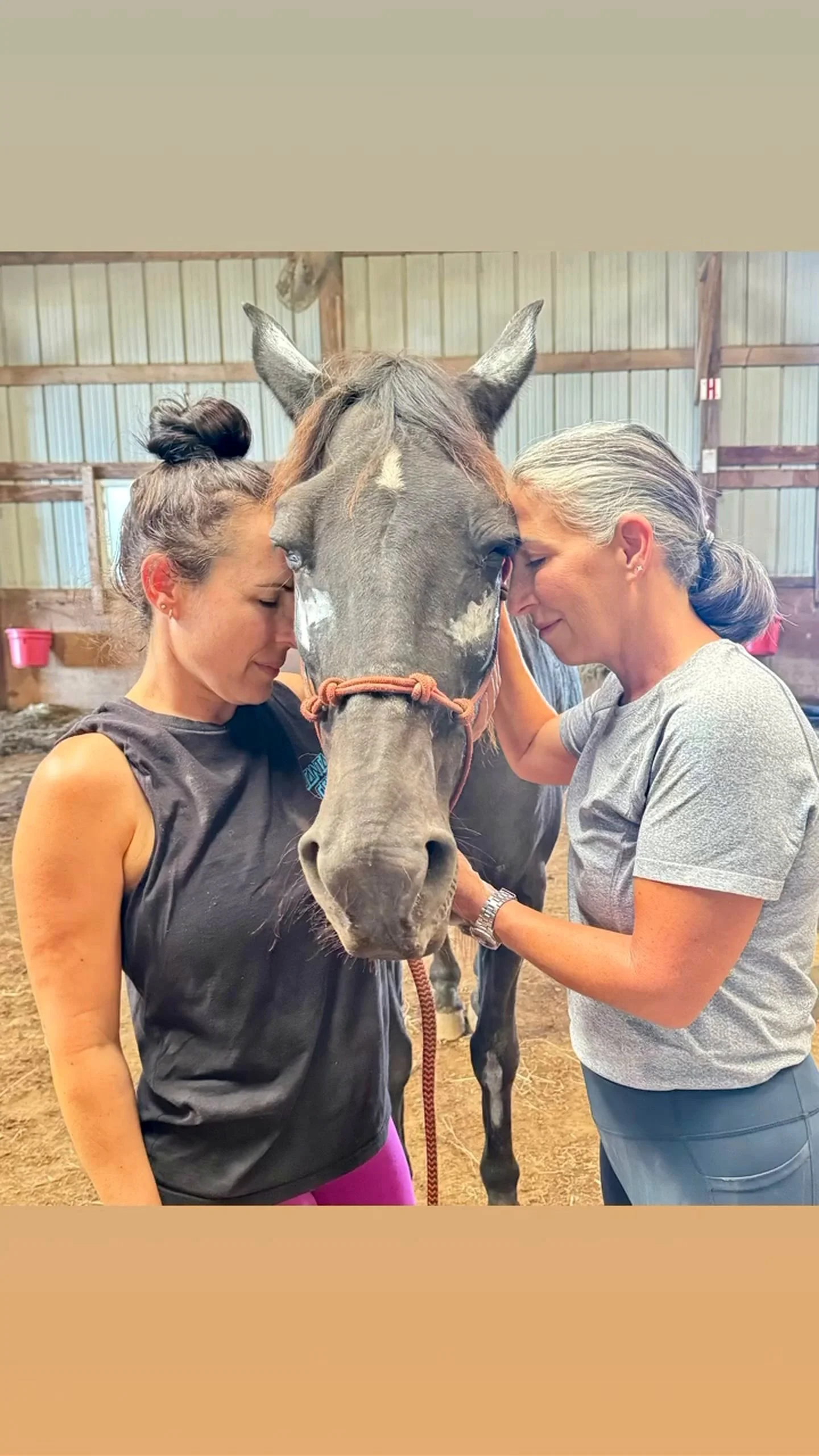 A mother and daughter sharing a moment with a horse