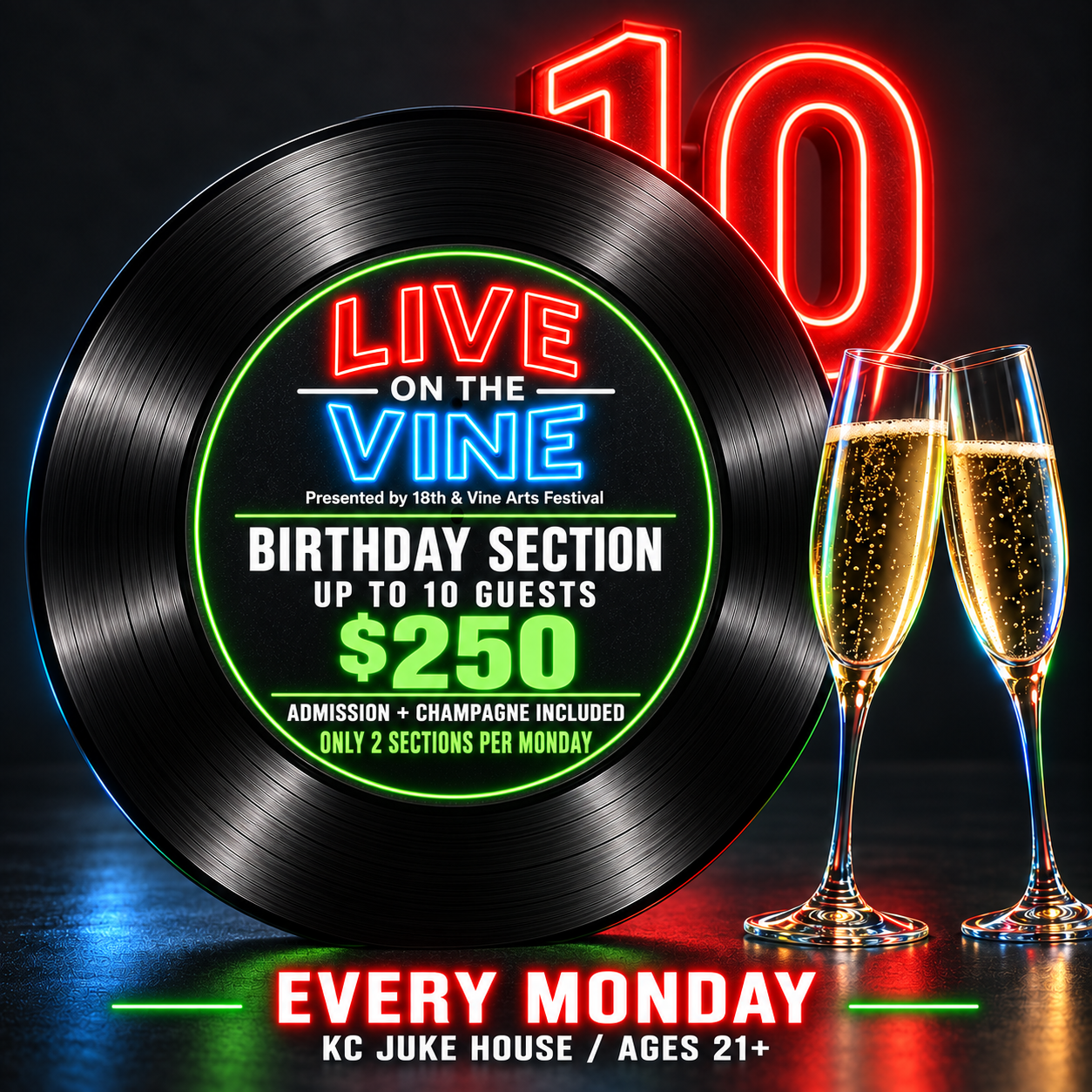 Live on the Vine vinyl artwork: Birthday Section, up to 10 guests, $250, admission and champagne included, two sections per Monday.