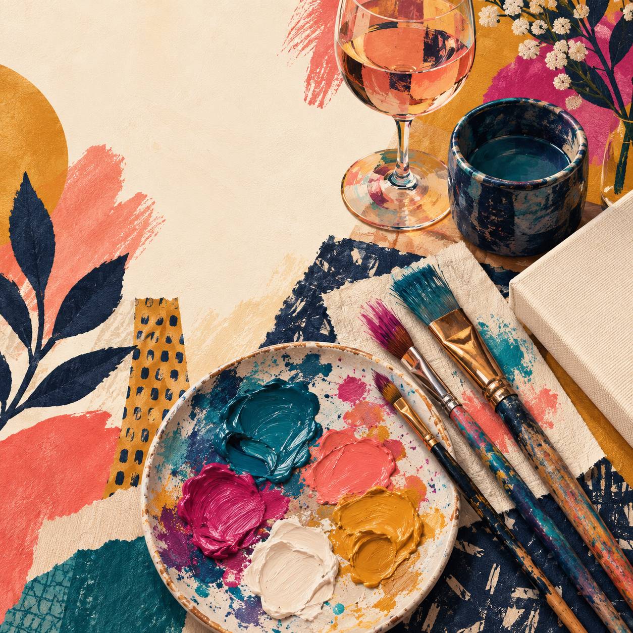 Colorful illustration of paint, brushes, a canvas and a wineglass.